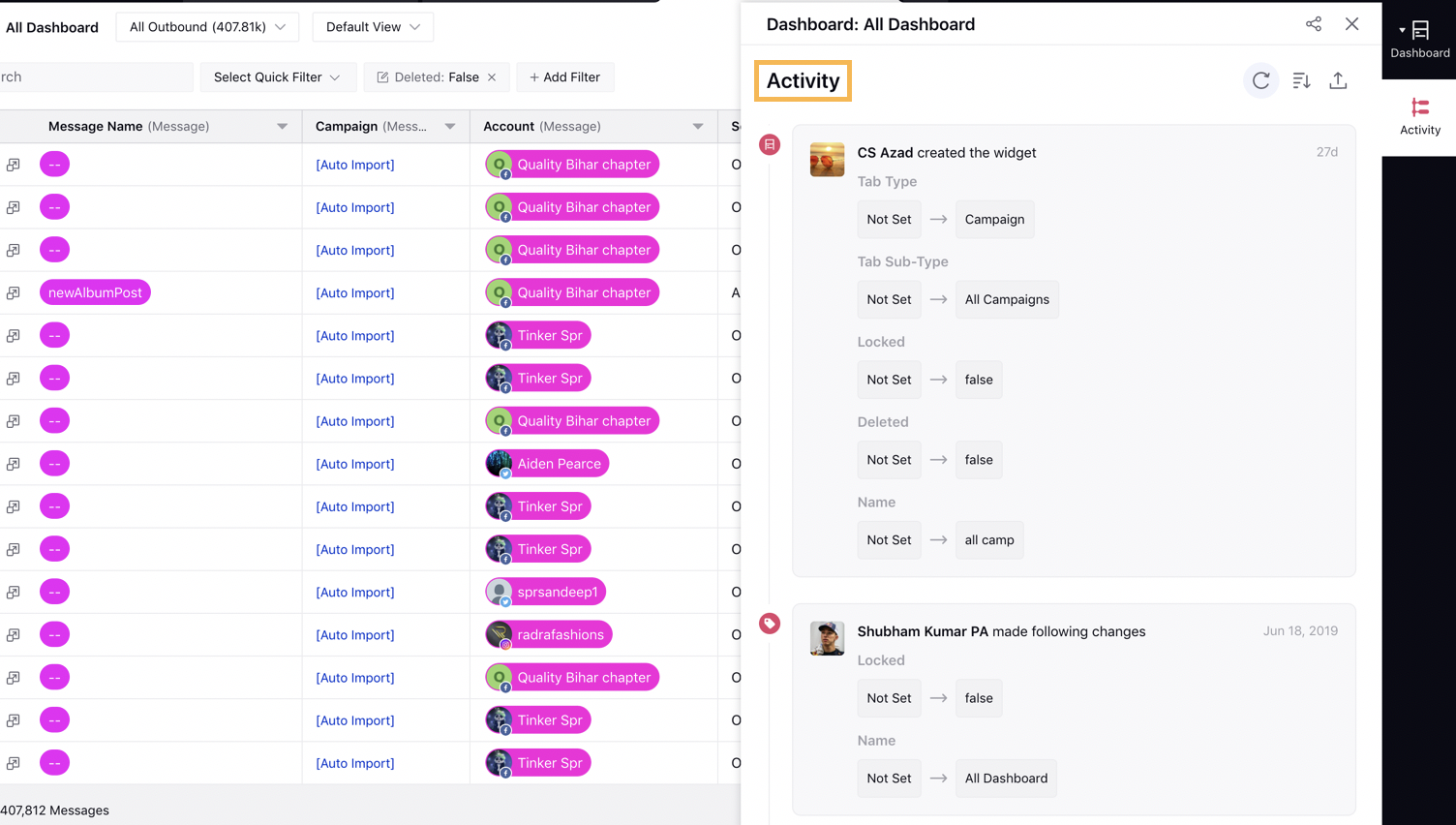 Dashboard Activity Option