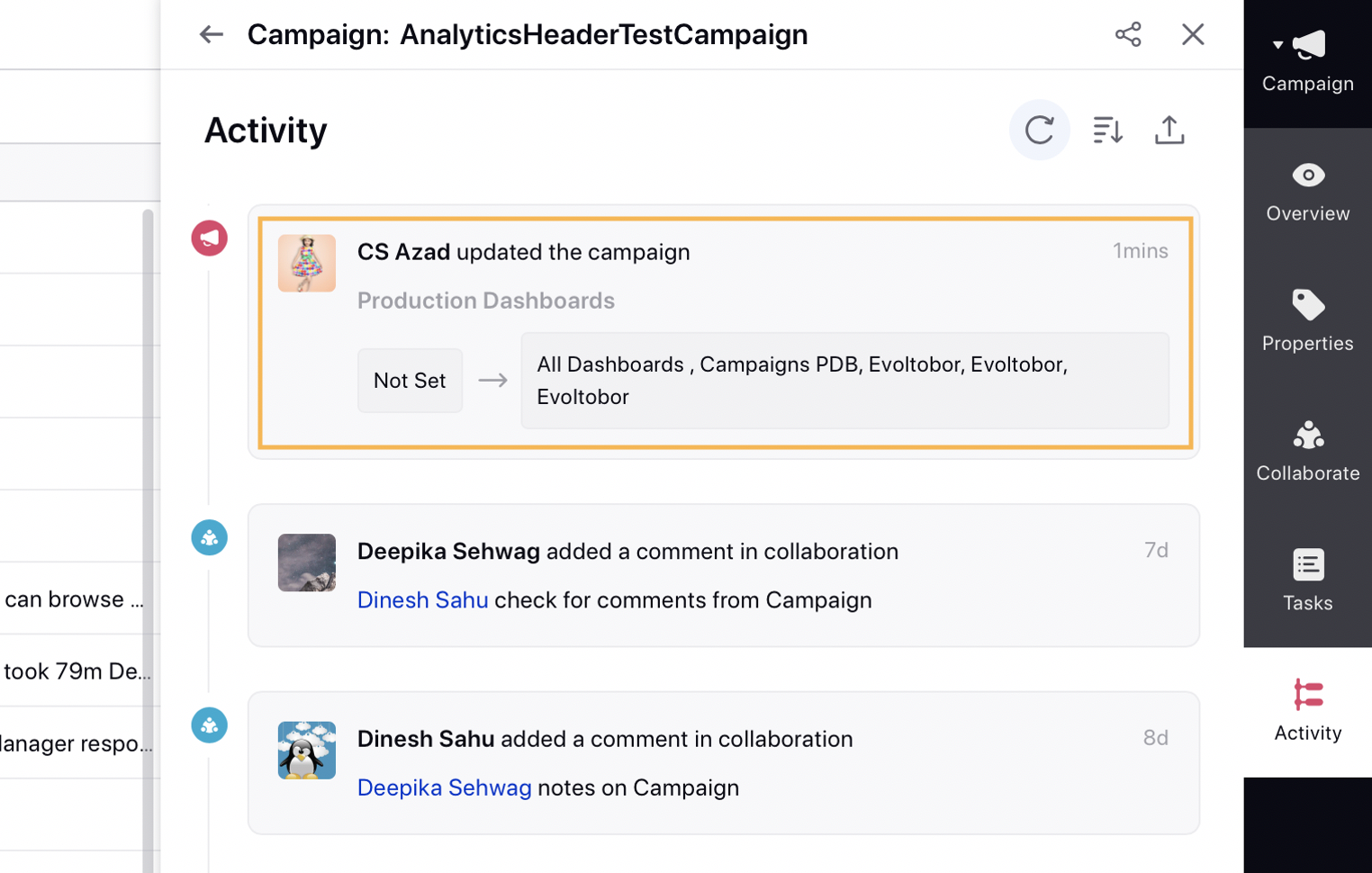 Audit of Production Tab within Collaboration Pane of Campaigns