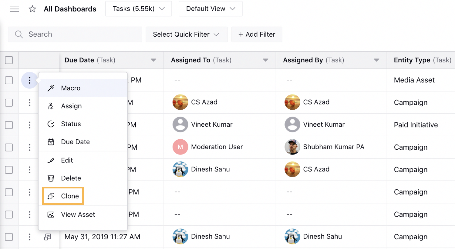 Cloning a Task in the Production Dashboard