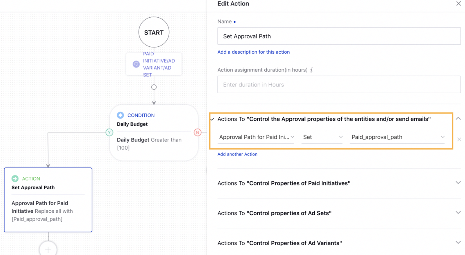 Setting the Approval Path for Paid Initiative to the appropriate Tiered Approval Under Manage Rules