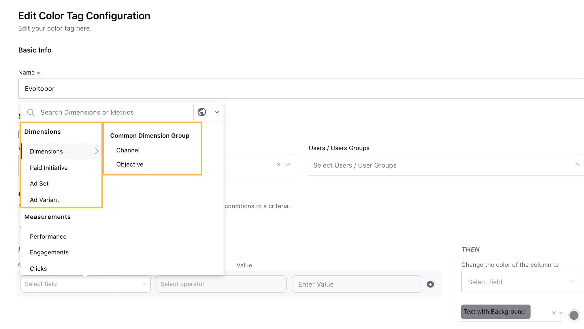 Use Dimensions in Color Tag criteria