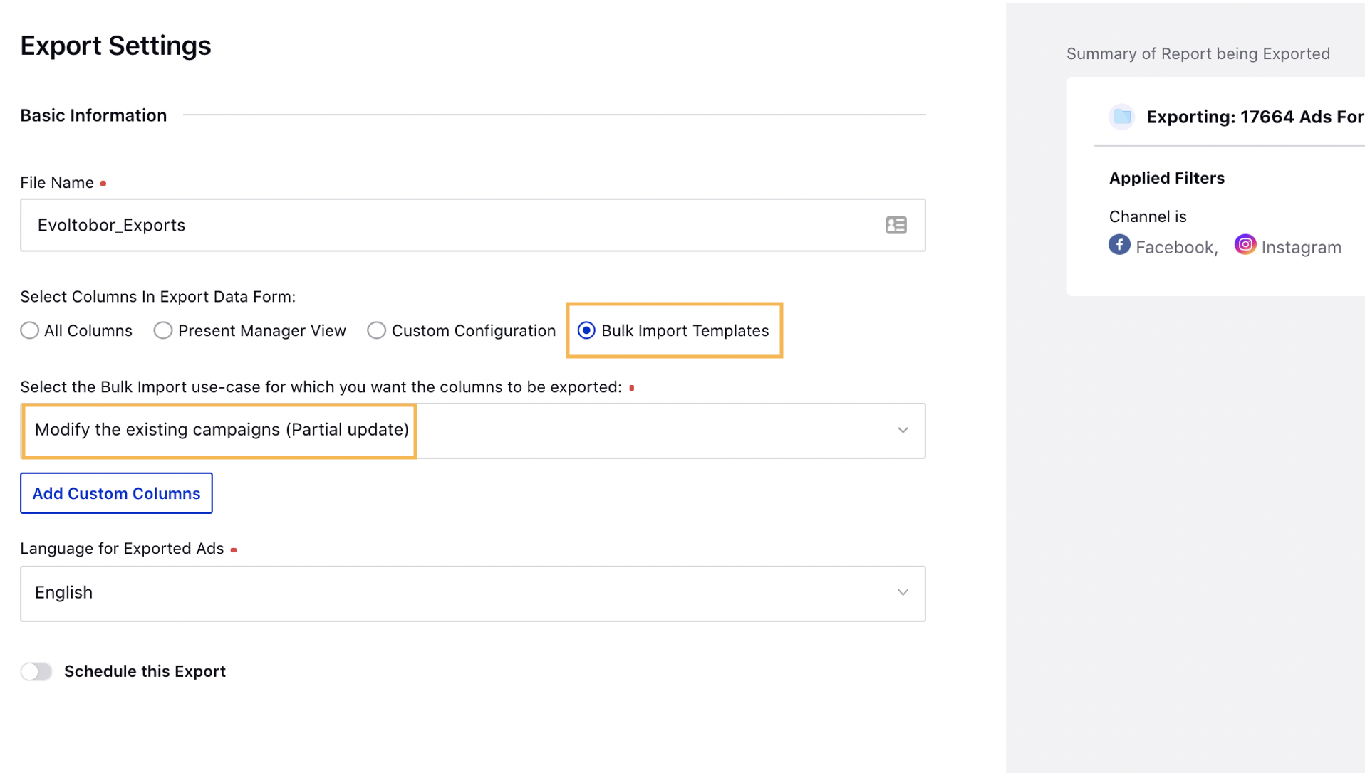 Modify existing campaigns in Export bulk import template