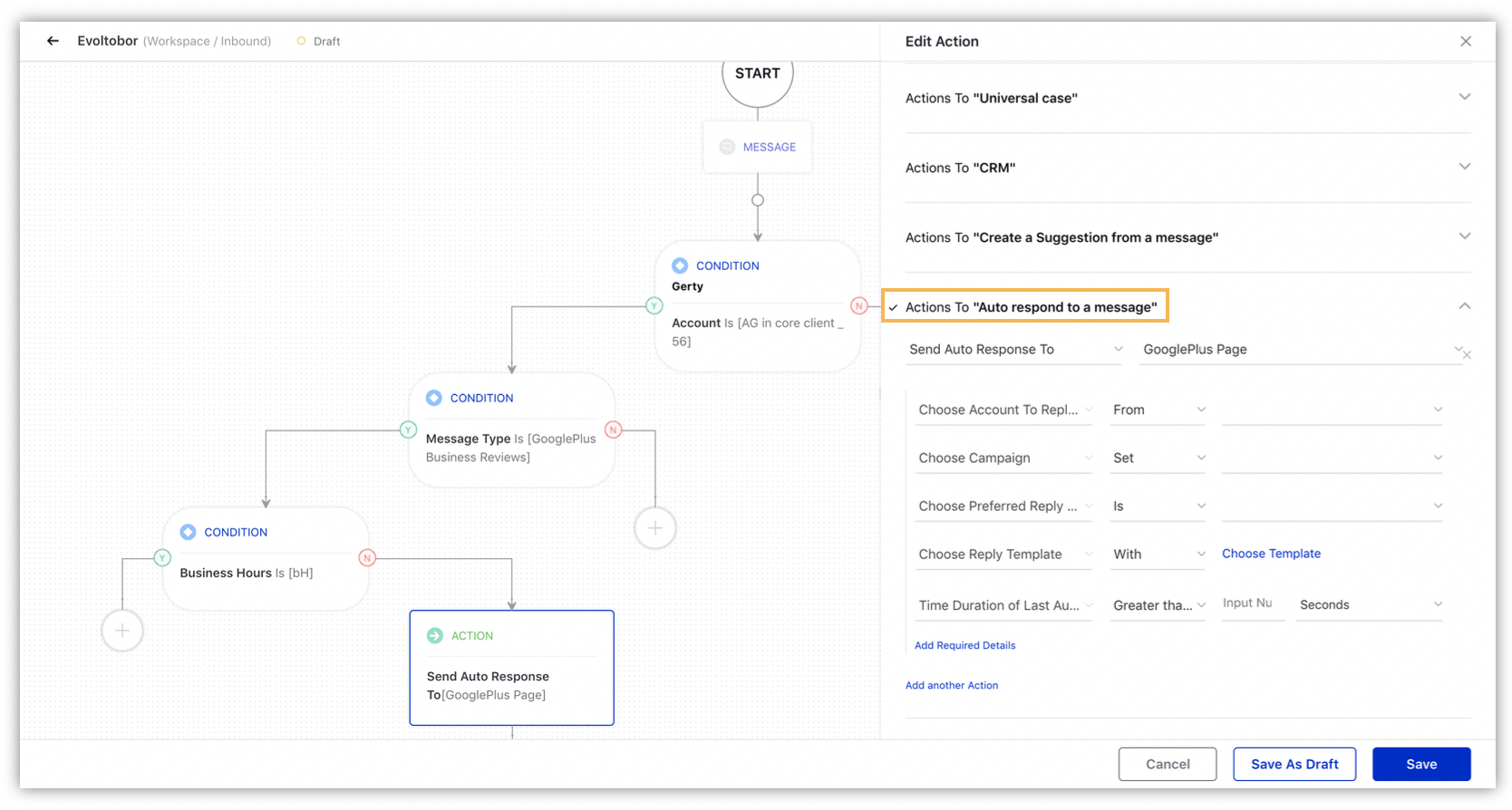 Setting actions to auto respond a message