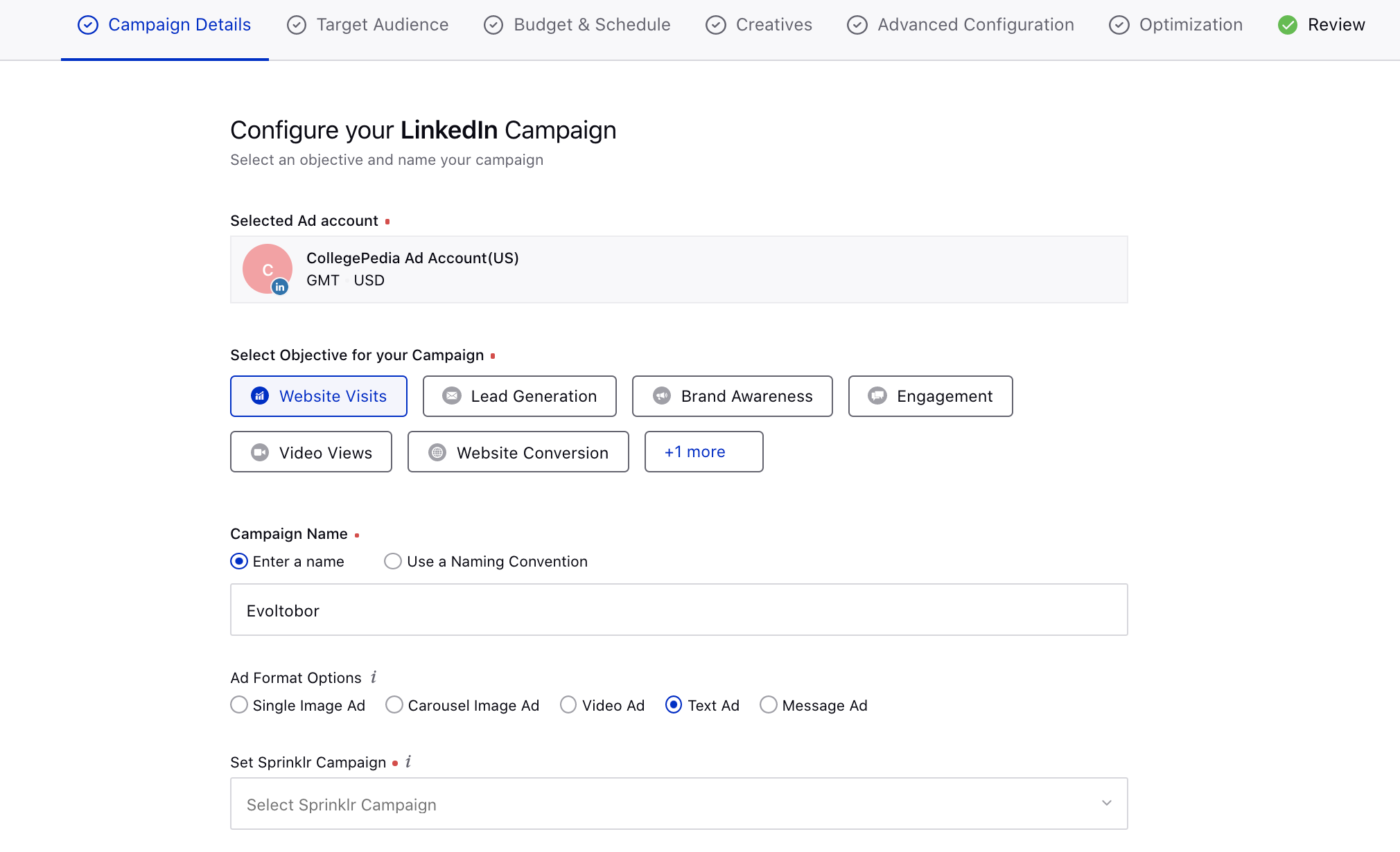 Create a LinkedIn Campaign using Enterprise Ad Account