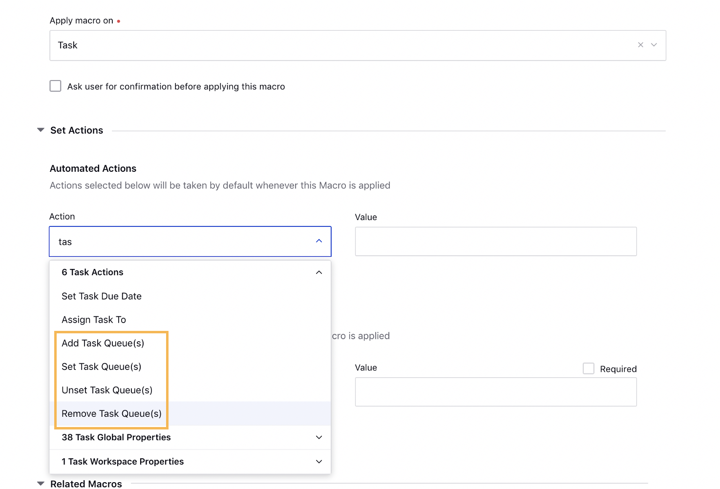 Task Queue Actions for Task Macro