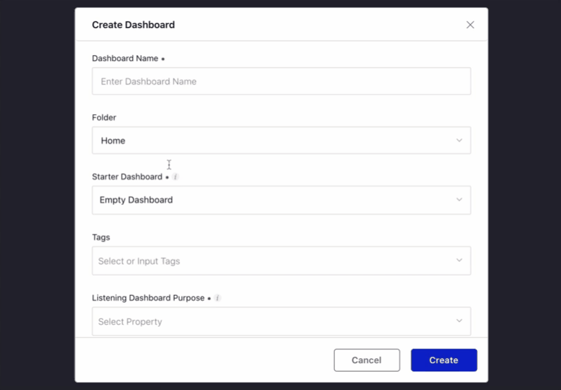 Adding new dashboard from the Listening Dashboard Manager