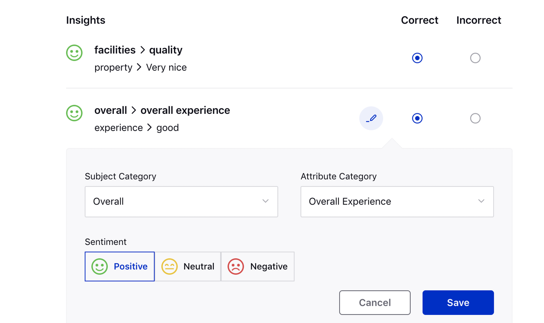 Showing how to edit phrase level insights predicted by the Location Insights model through the AI Model Validation Interface