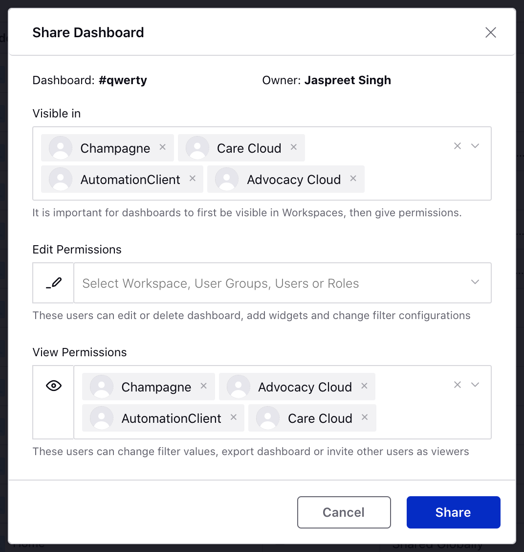 Sharing the dashboard from the Dashboard Manager