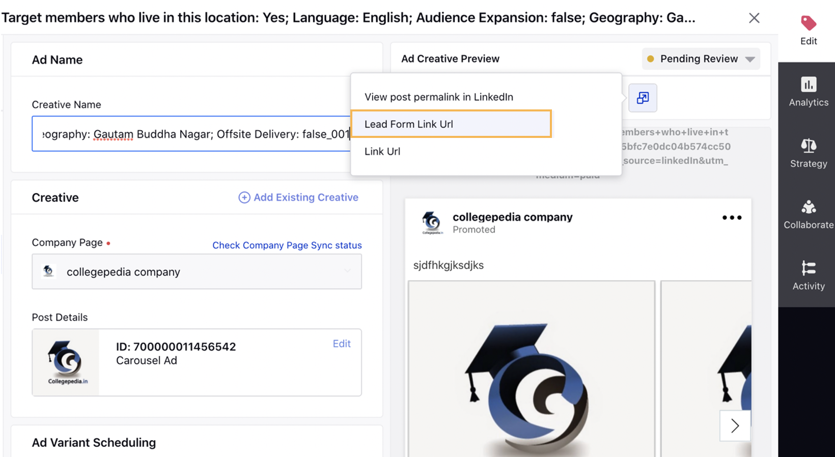 Viewing Lead Form Link URL Ads Manager