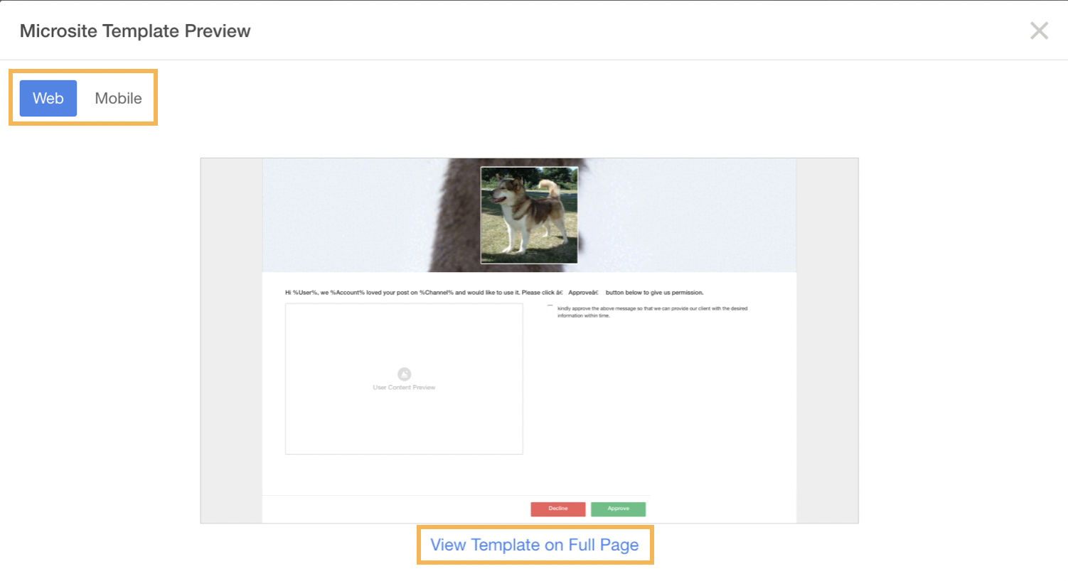 Microsite Template Preview of a UGC Request Template