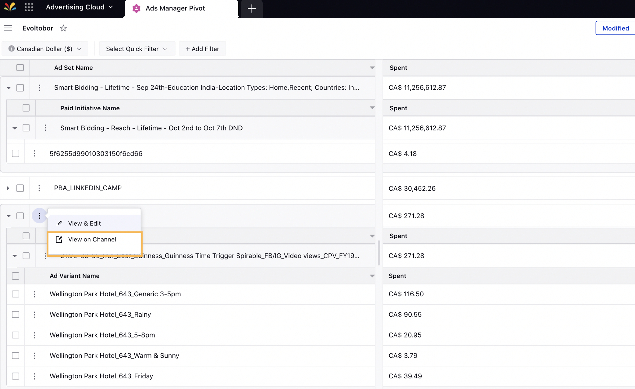 View on Channel Option in Pivot Table