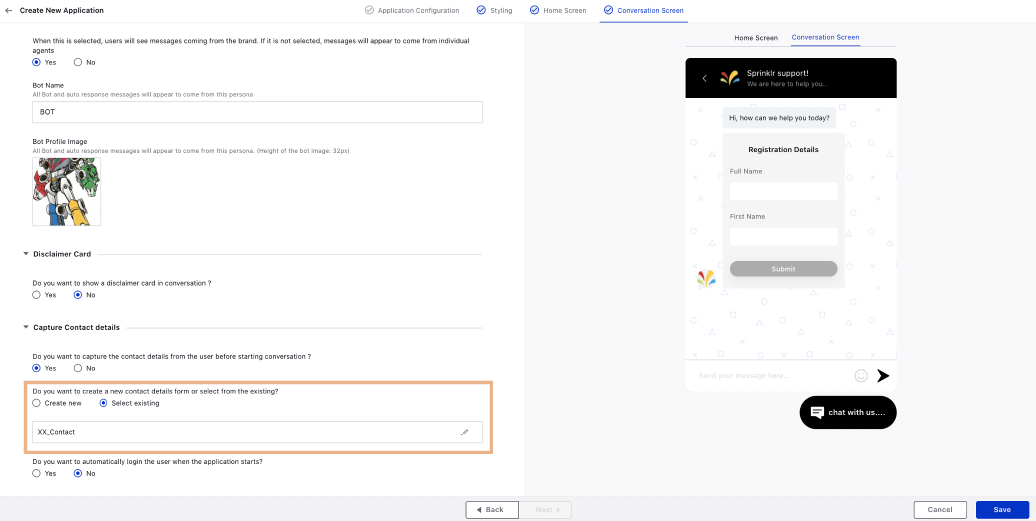 Create a new contact details form or select from existing while configuring a live chat