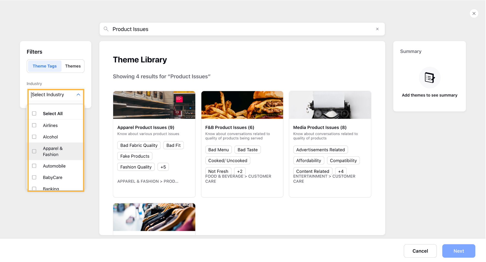 Selecting industry while searching themes in the Theme Library
