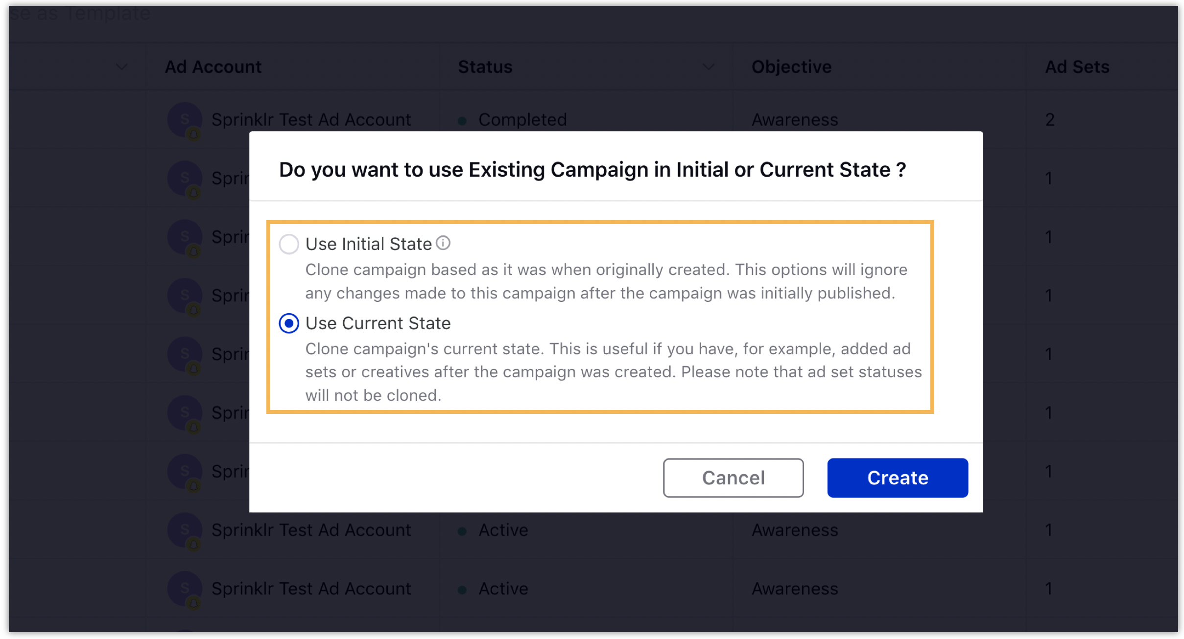 Selecting a campaign state to use as a template in Ads Composer