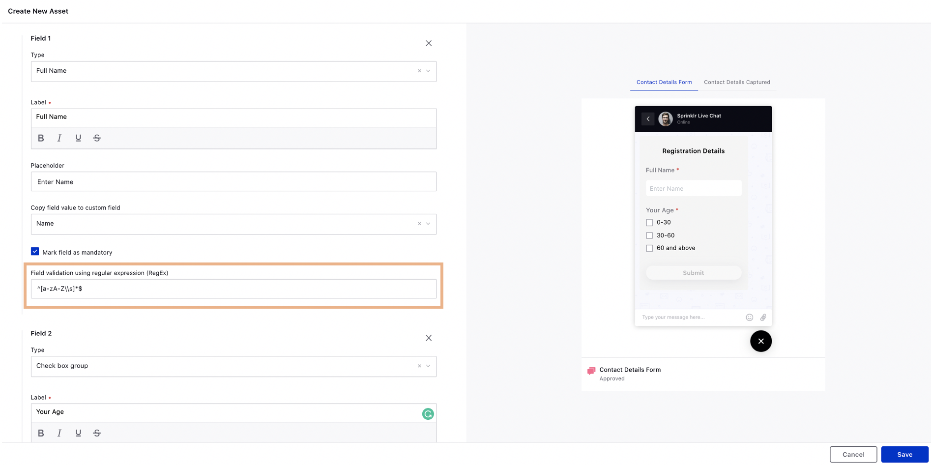 Support for Custom RegEx Validation in Secure Form and Contact Details Templates for Sprinklr Live Chat