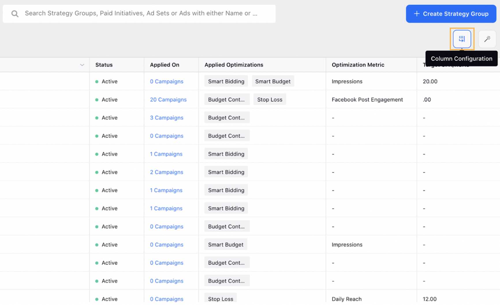 Configuring Strategy Group Columns