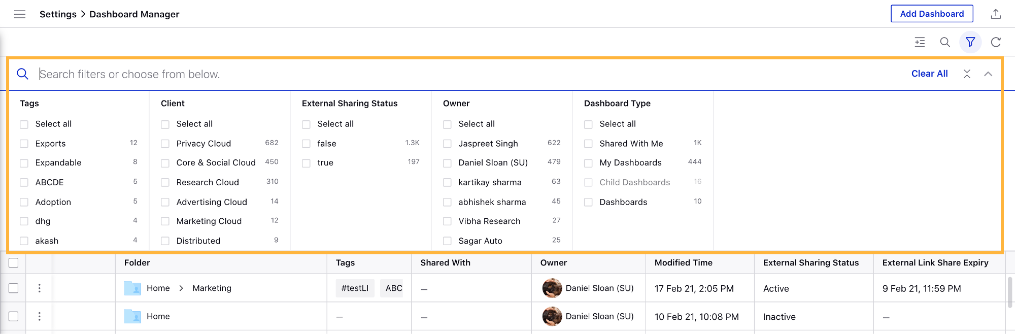 Filtering the Dashboard Manager