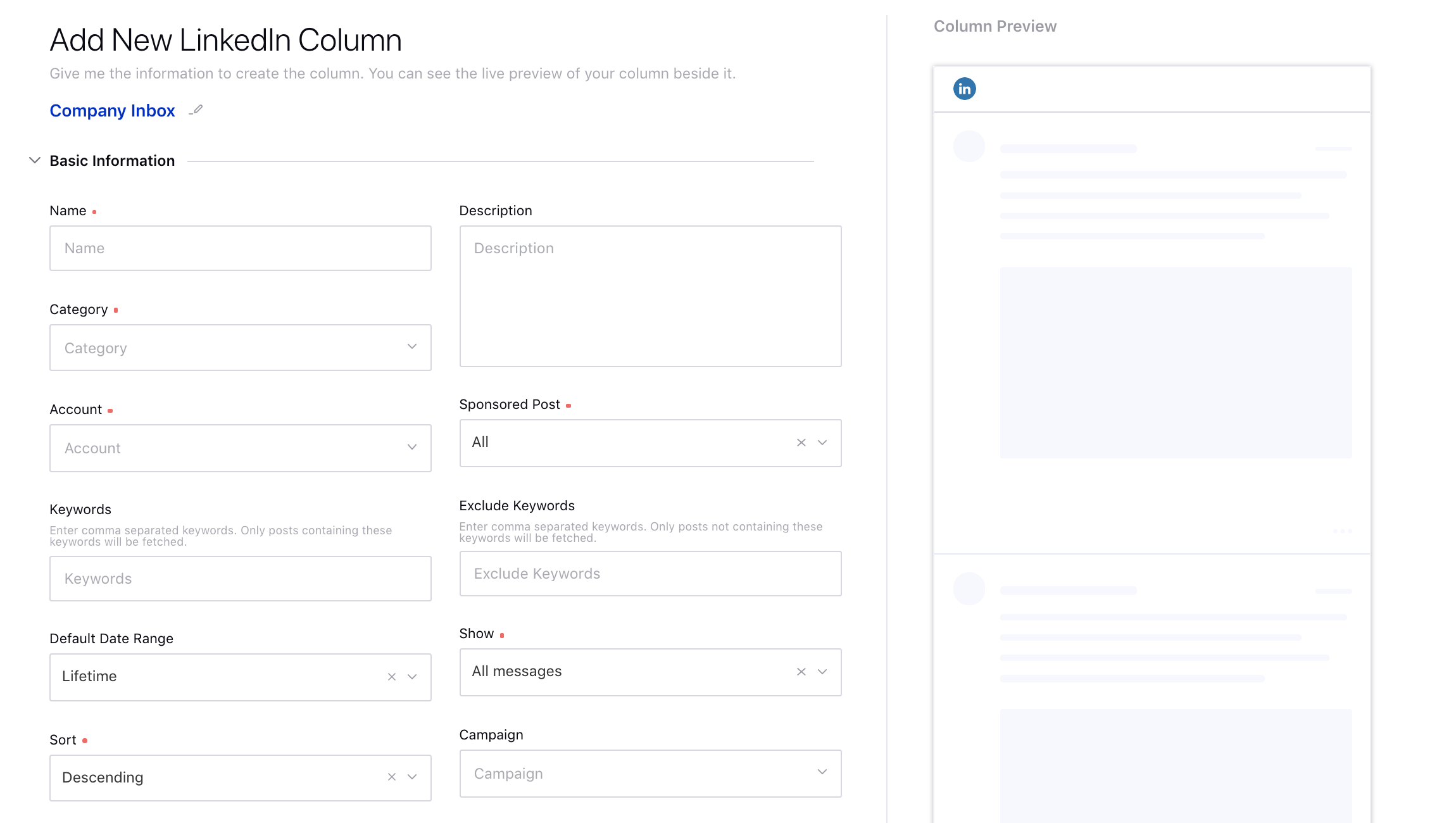 Entering the Basic Information for the LinkedIn column type in your Engagement Dashboard