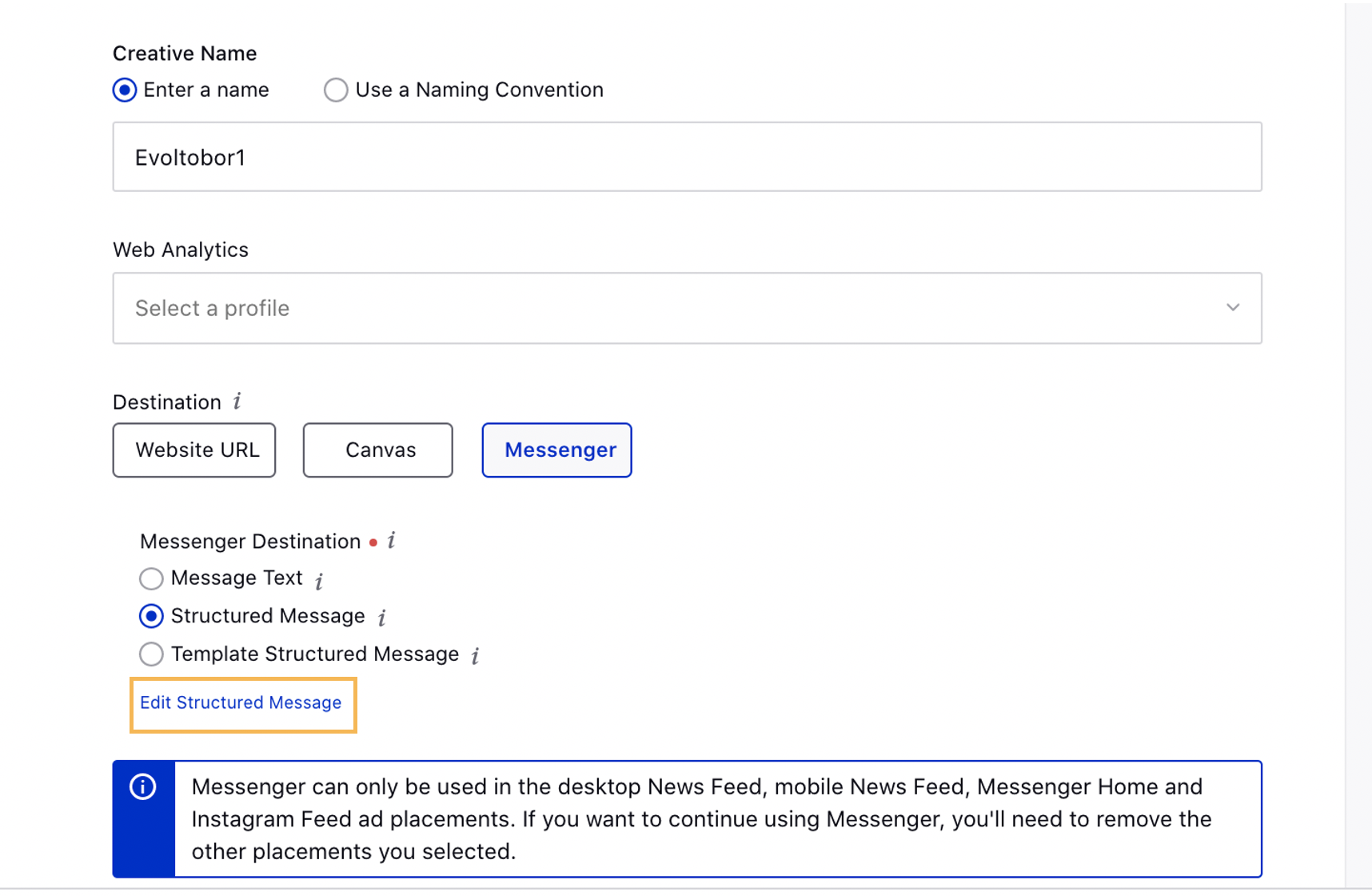Select Structured Message for your Messenger Ad