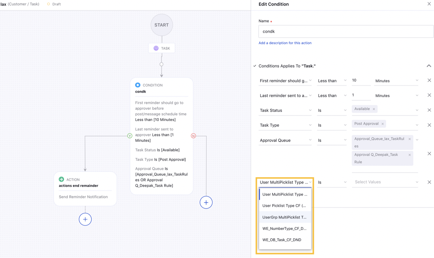 Selecting Task Custom Fields as Conditions for Task Rule