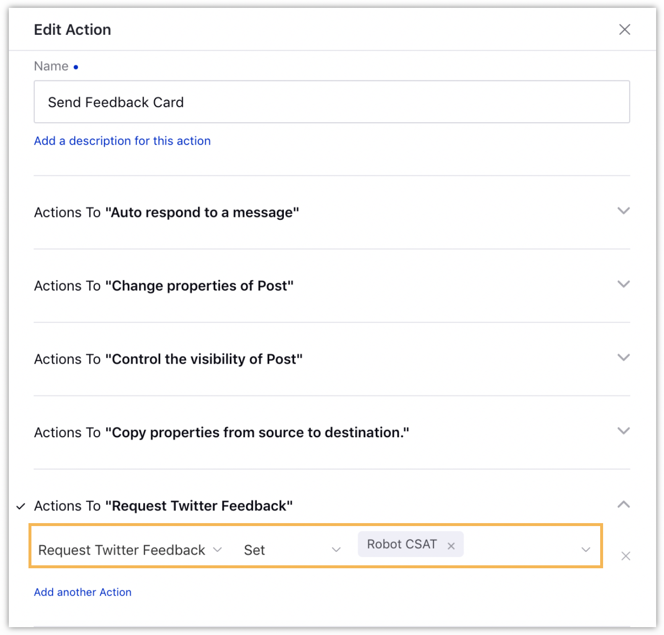 request twitter feedback action in rule engine