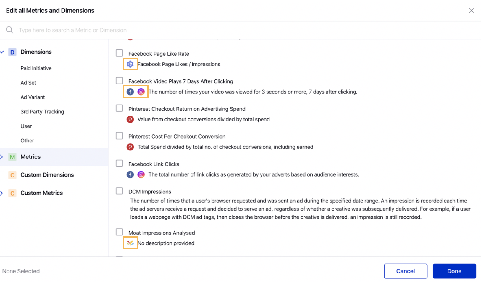 Updated the symbols for all metrics in Ads Reporting