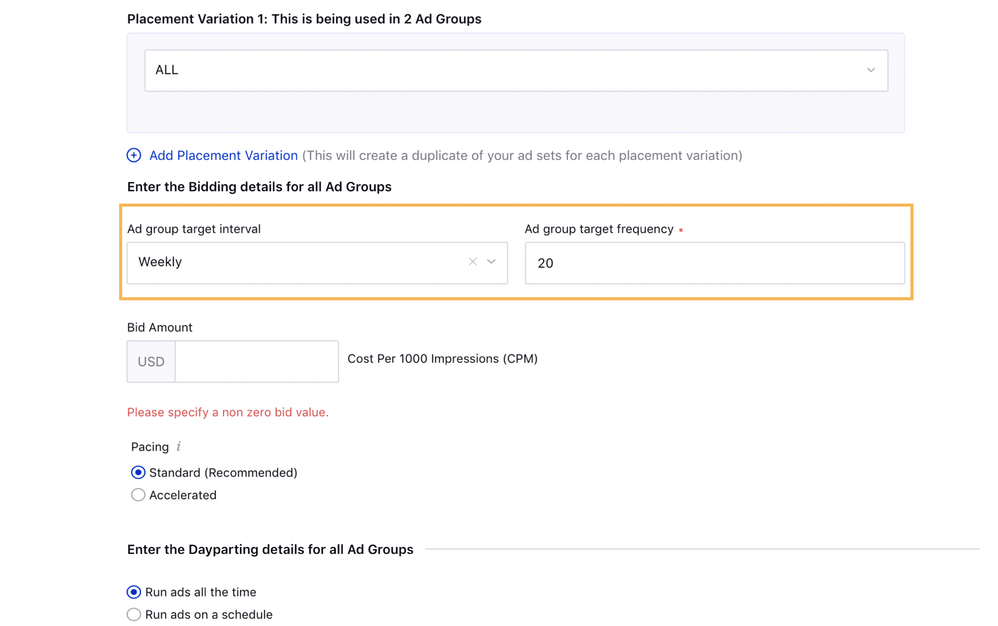 Ad Group Target Interval field for Pinterest Brand Awareness campaigns