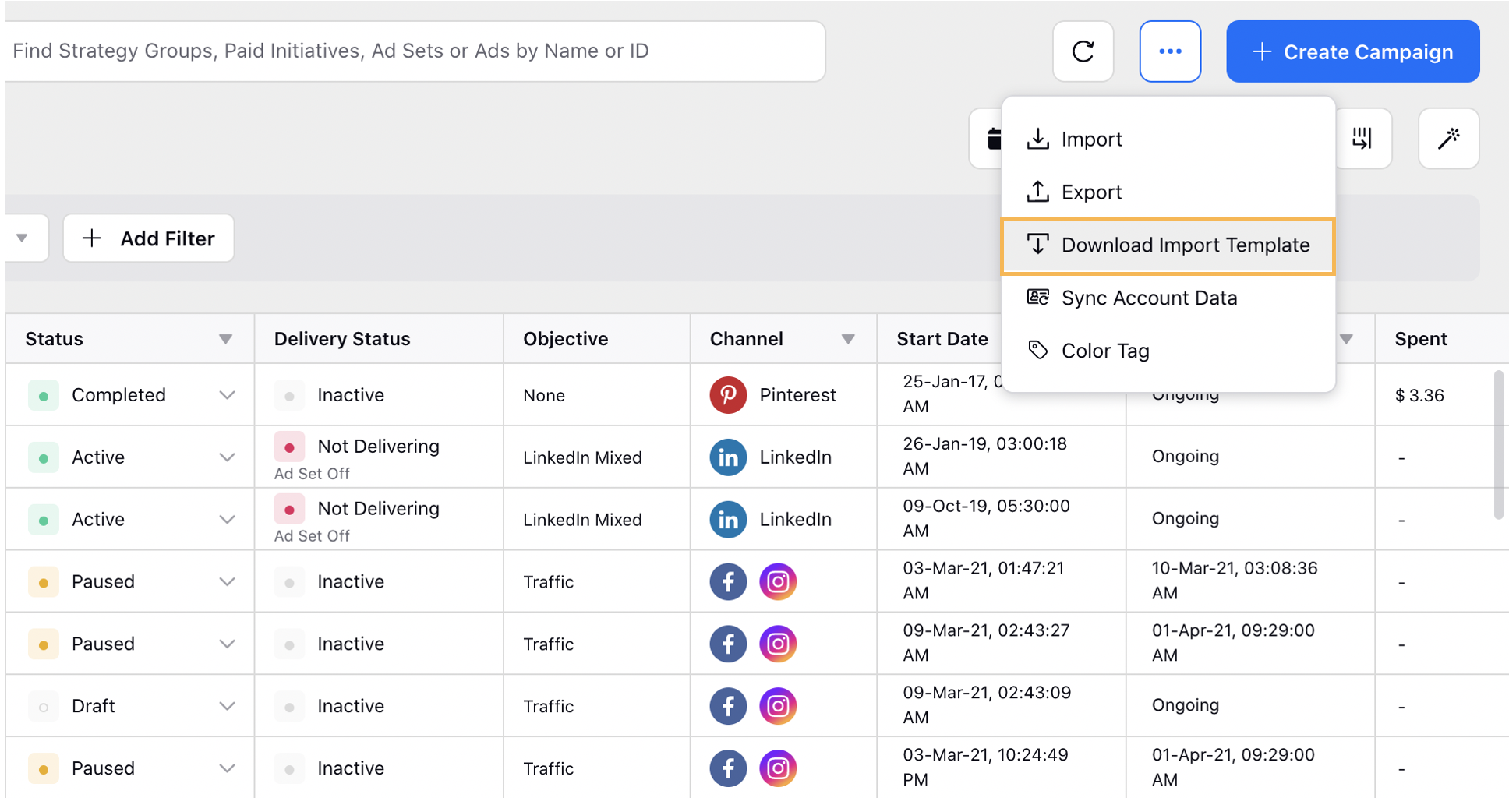 Select Download Import Template to download a bulk import standard template