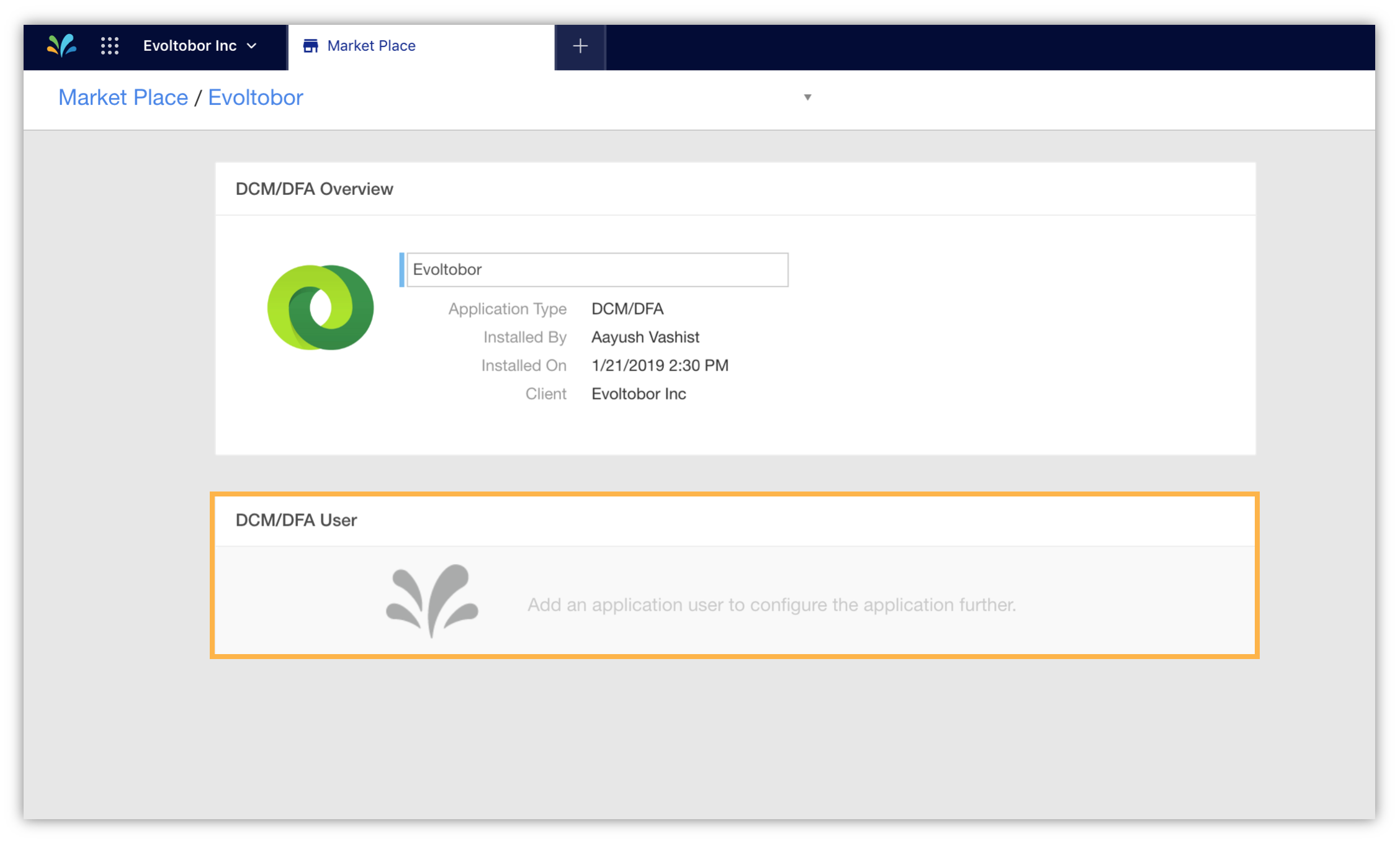 Clicking on DCM/DFA User to Add an Application User to Configure the Application Further under Integrations Marketplace