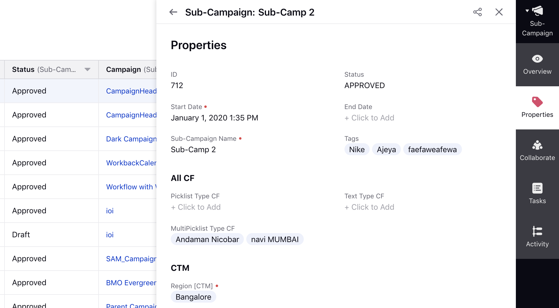 Properties Tab in Sub-Campaign Third Pane