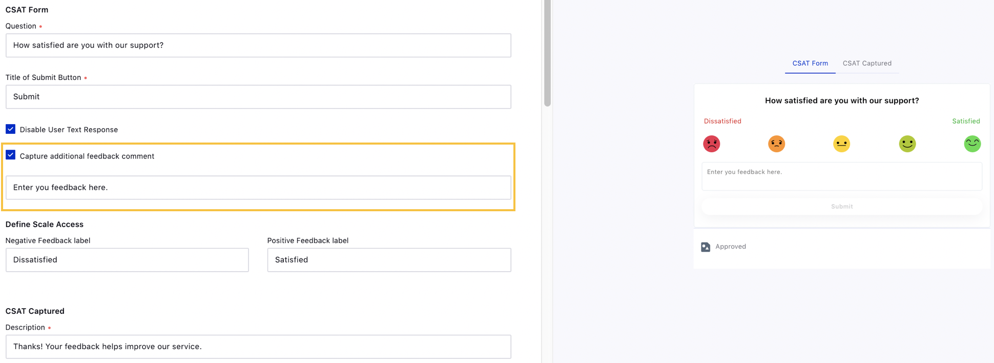 Capturing text feedback along with the CSAT form in Live Chat