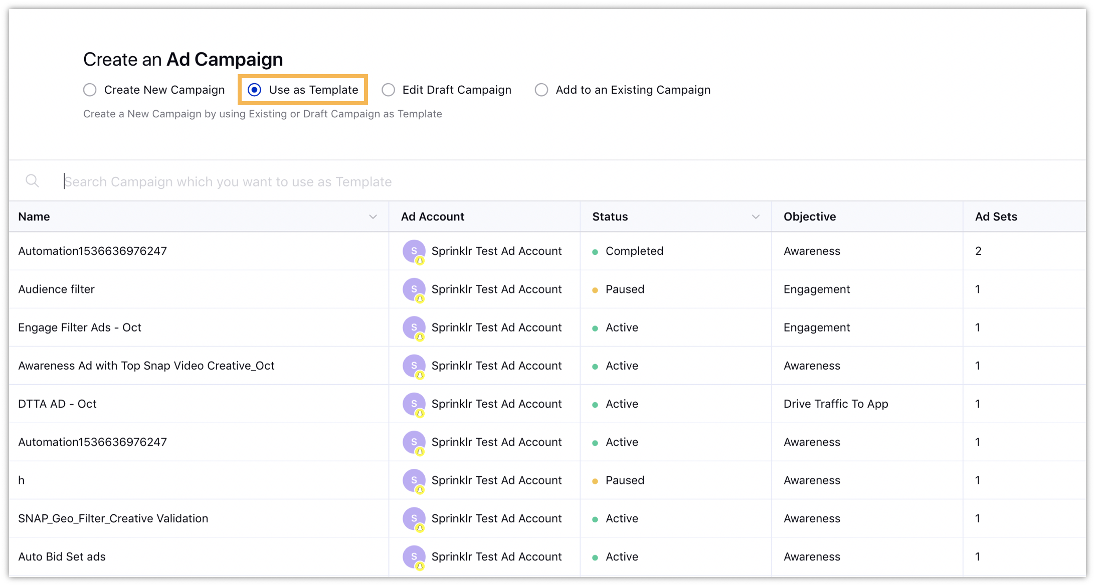 Selecting Use as Template in Ads Composer