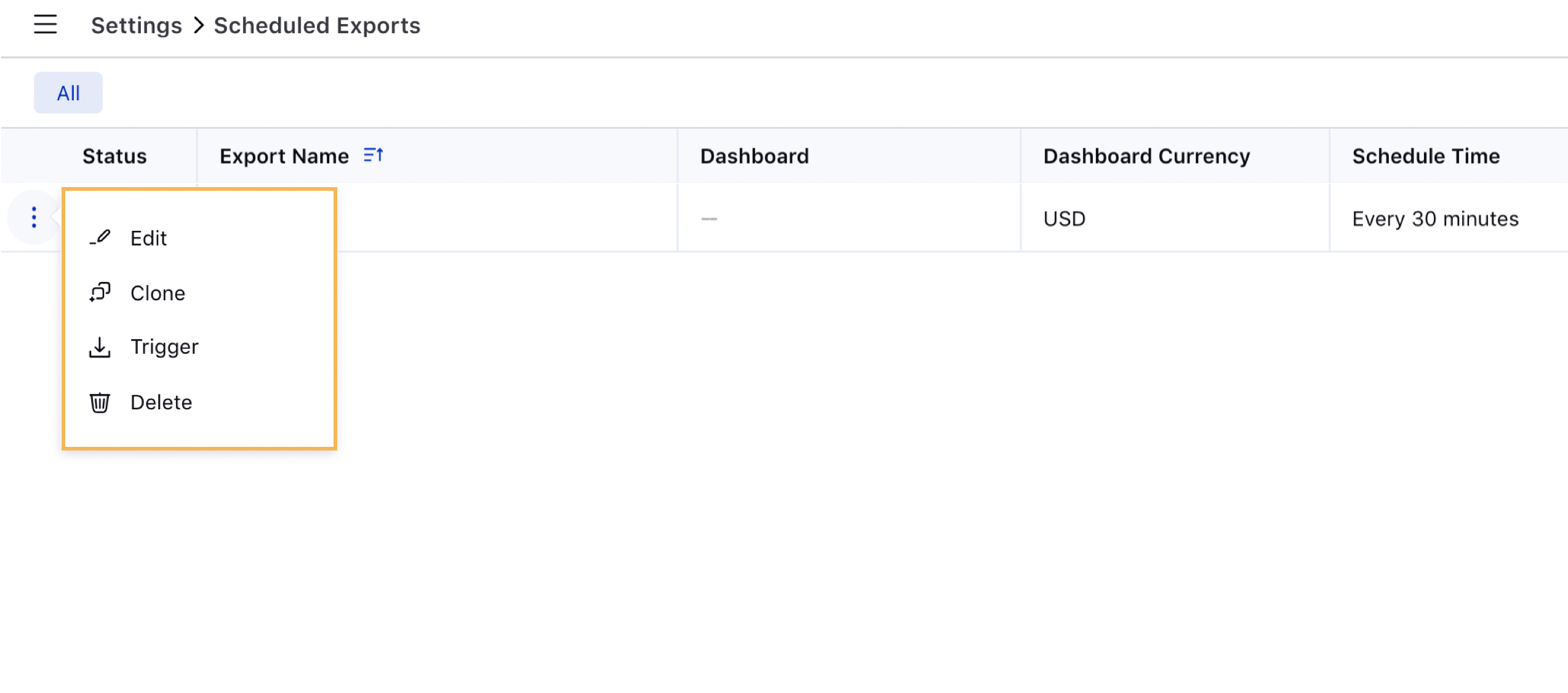 Viewing the Scheduled Exports Options Icon within Ads Reporting