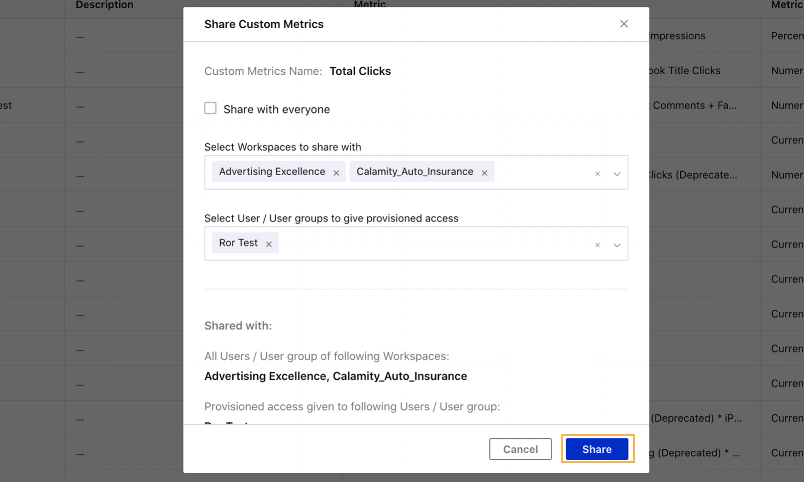 Clicking Governance to Share Custom Metrics