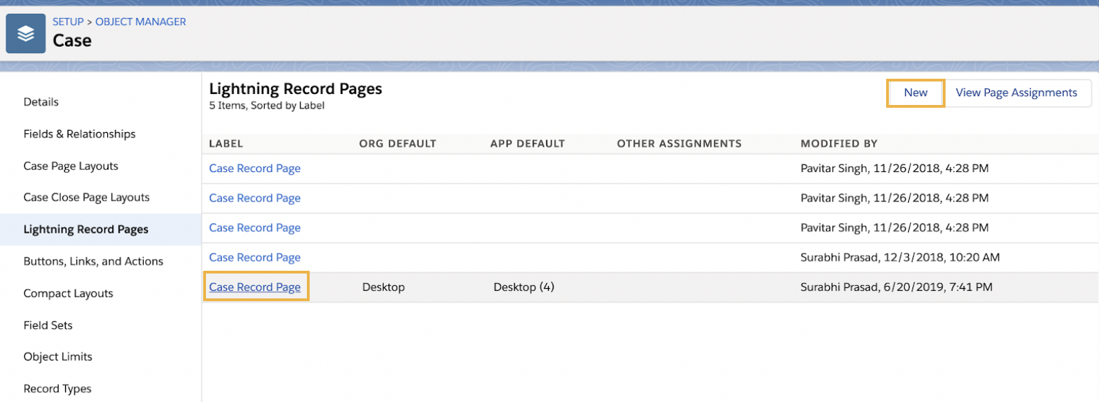 Selecting the desired Case Record Page you wish to edit in the Salesforce