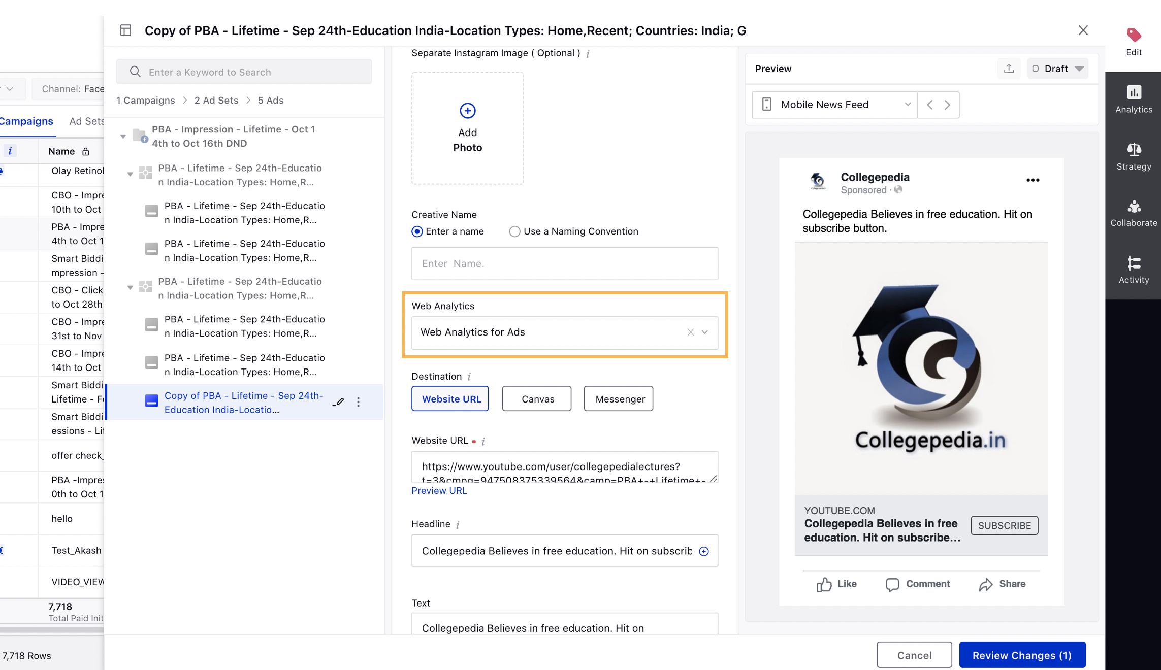 Edit Web Analytics in Ads Manager