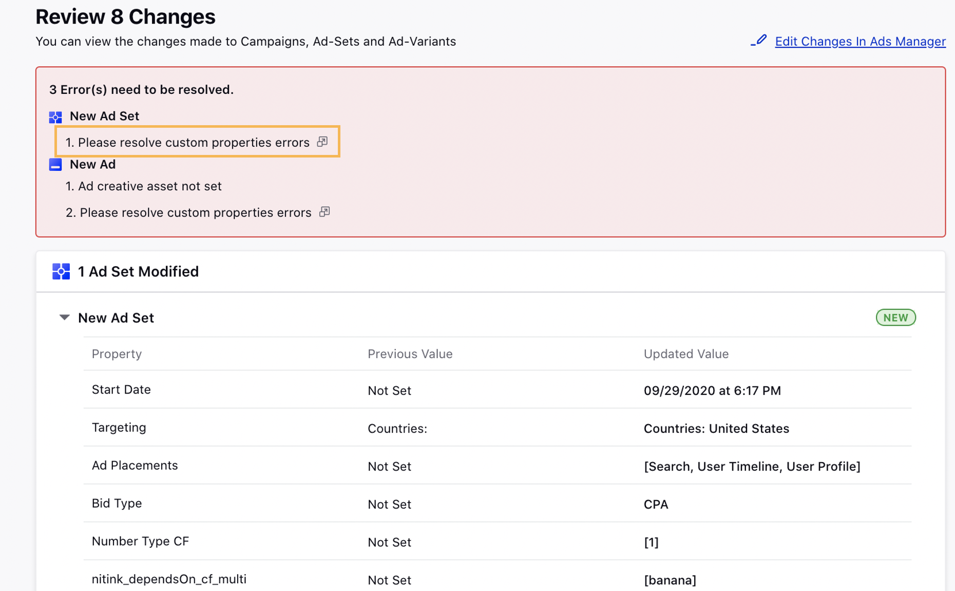 Validations for mandatory custom fields in View and Edit pane of Ads Manager