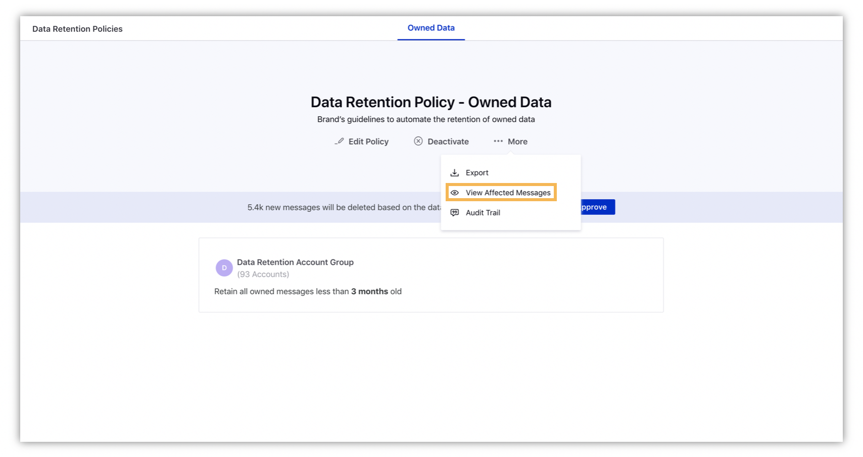 Selecting View Affected Message to preview all the affected messages due to the data retention policy