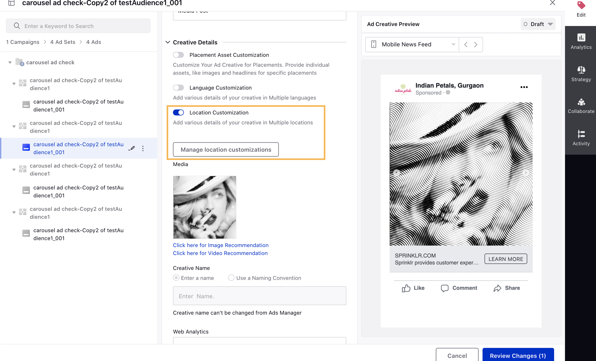 Enabling Placement Asset Customization for Facebook Ad Variant