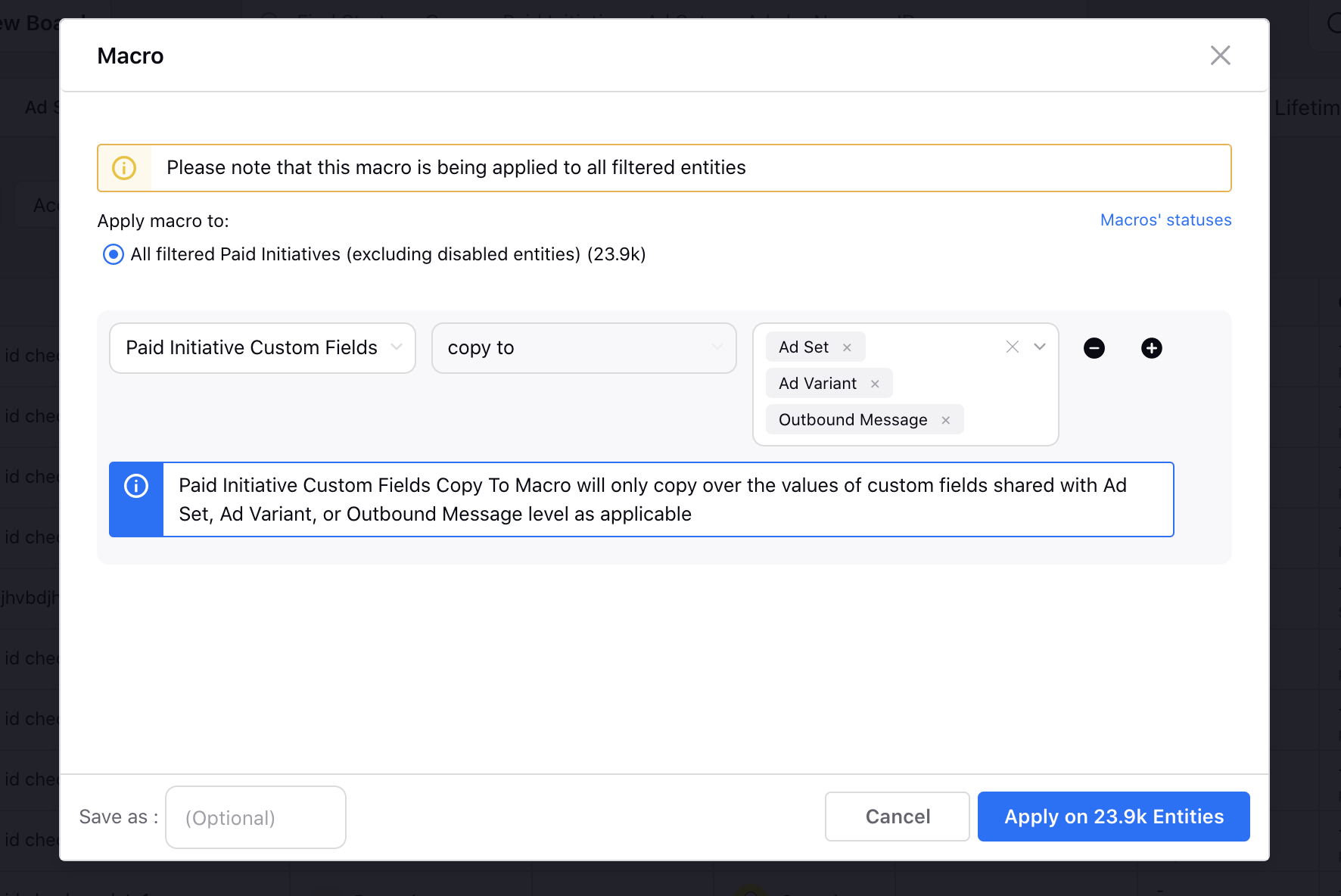 Copy Custom Fields Macro Action