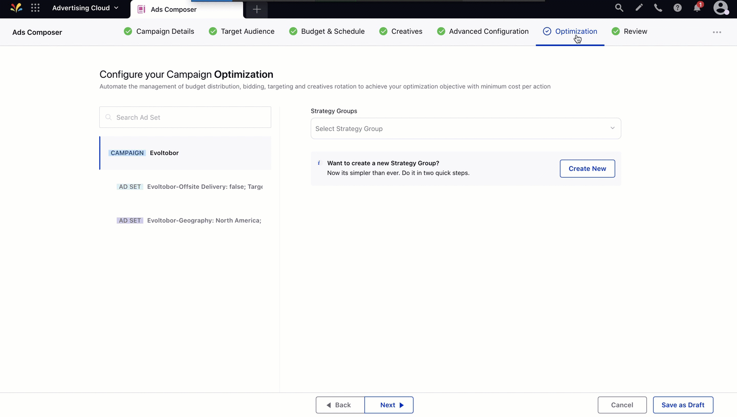 Applying Strategy Group at Ad Set Level via Ads Composer