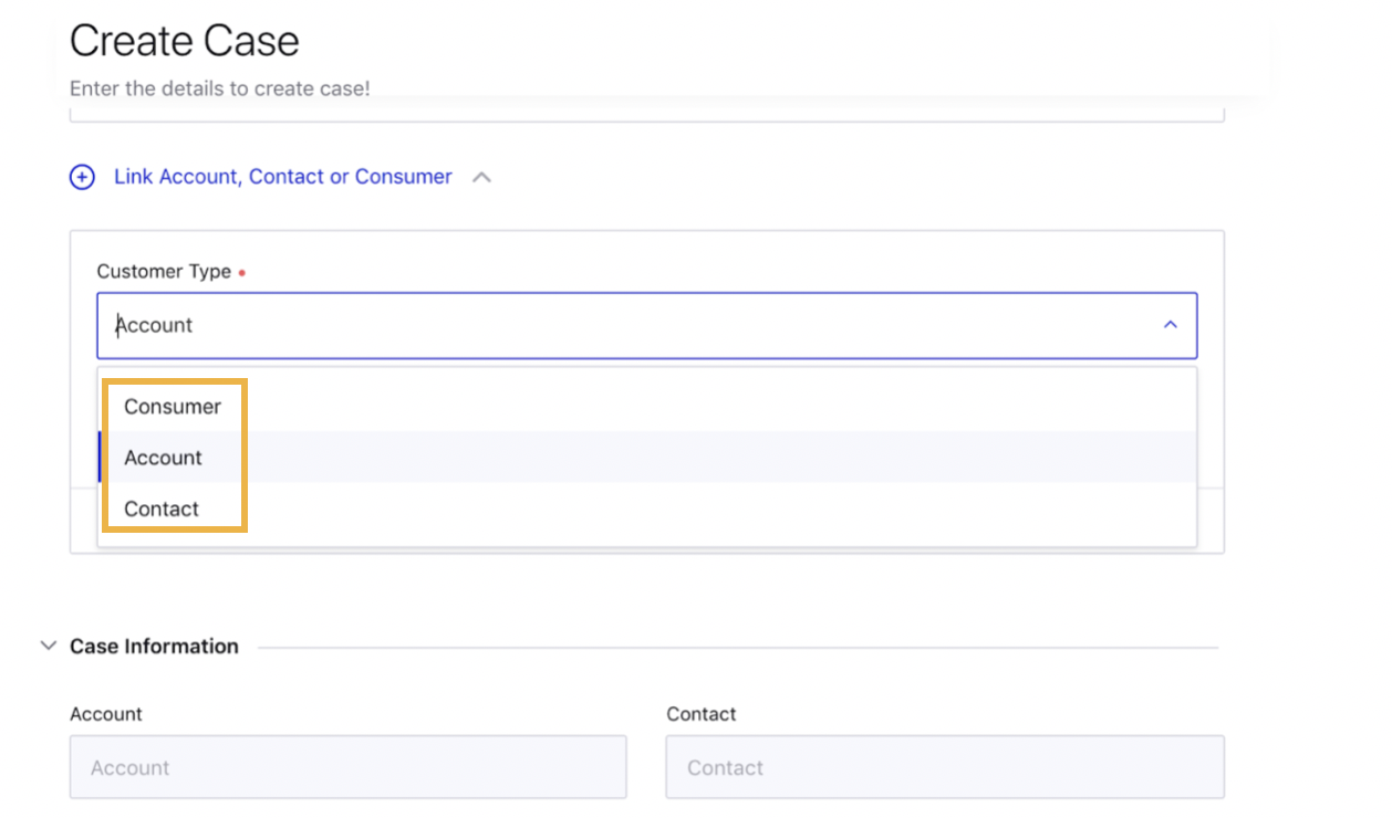 Selecting the desired Customer Type from the drop-down menu