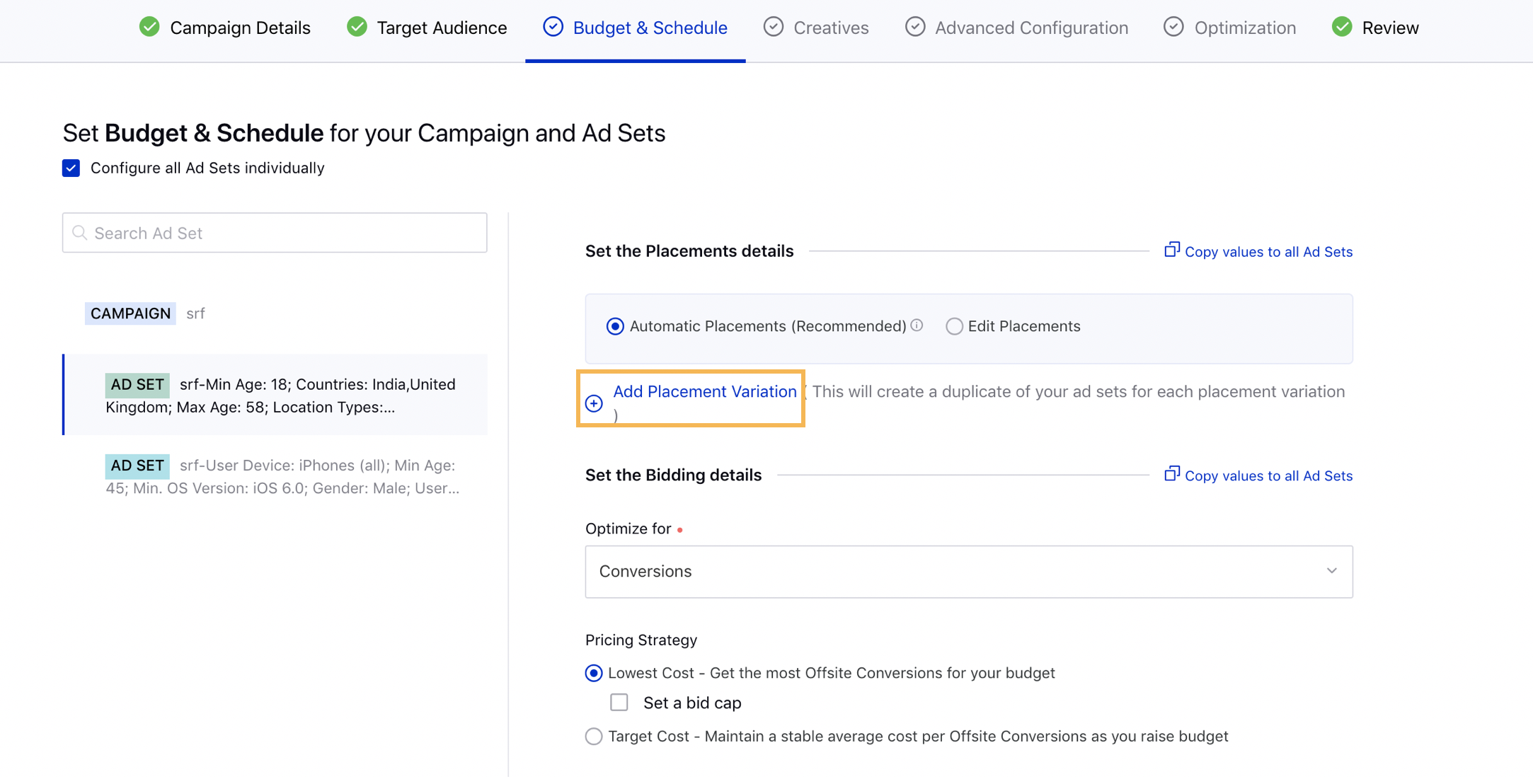 Clicking Add Placement Variations for individual Ad Sets in Sprinklr Advertising Ads Composer