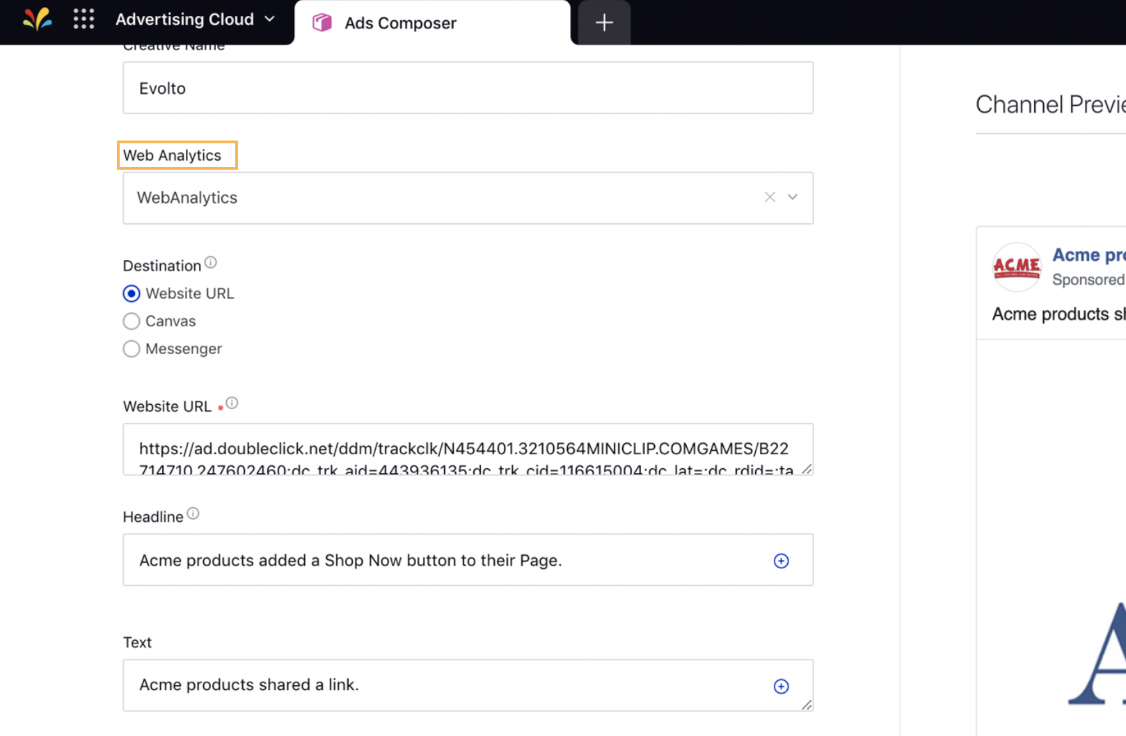 Selecting Web Analytics for the Creatives within Ads Composer.