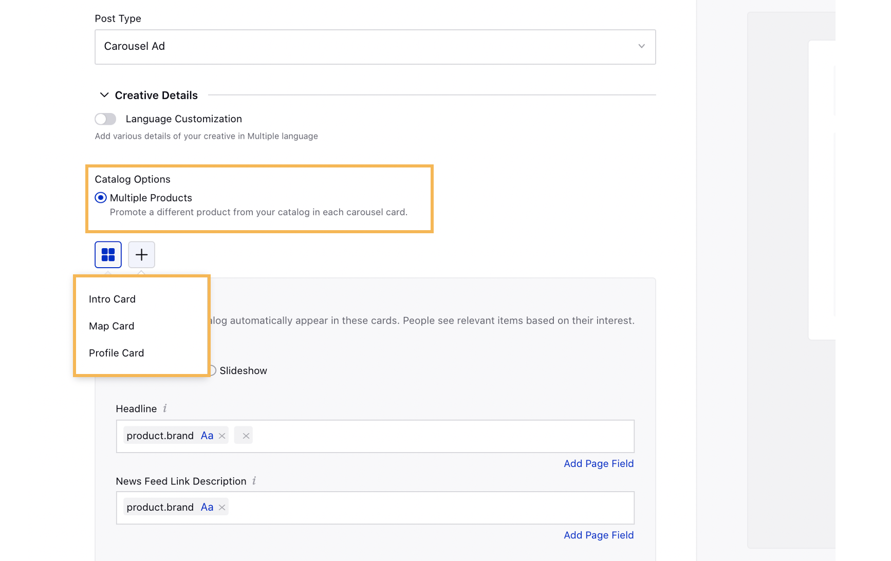 Dynamically fill Details for Facebook Carousal Ads