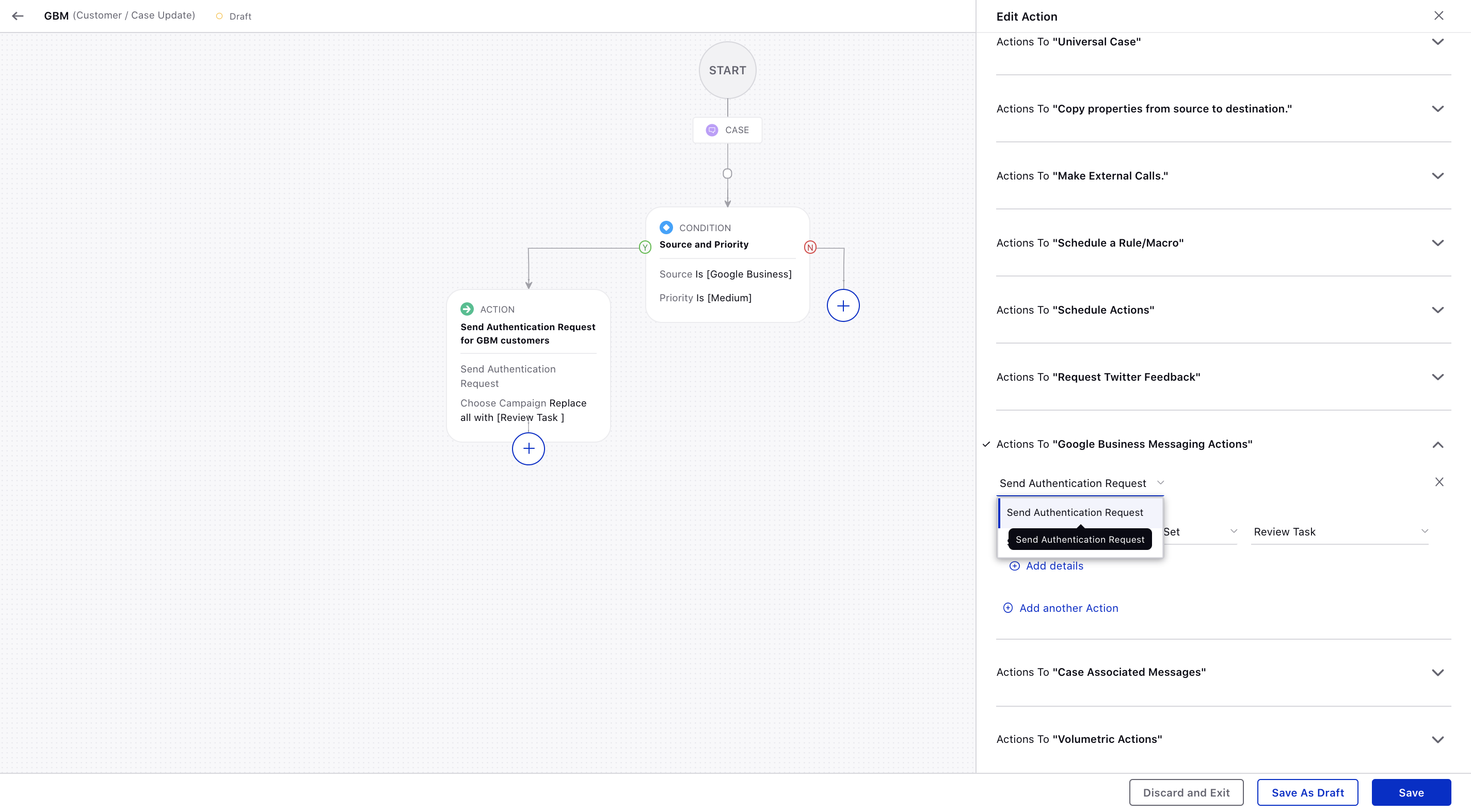  Configuring a Case Update rule in Rule Engine to Send Authentication Request to Google Business Messaging