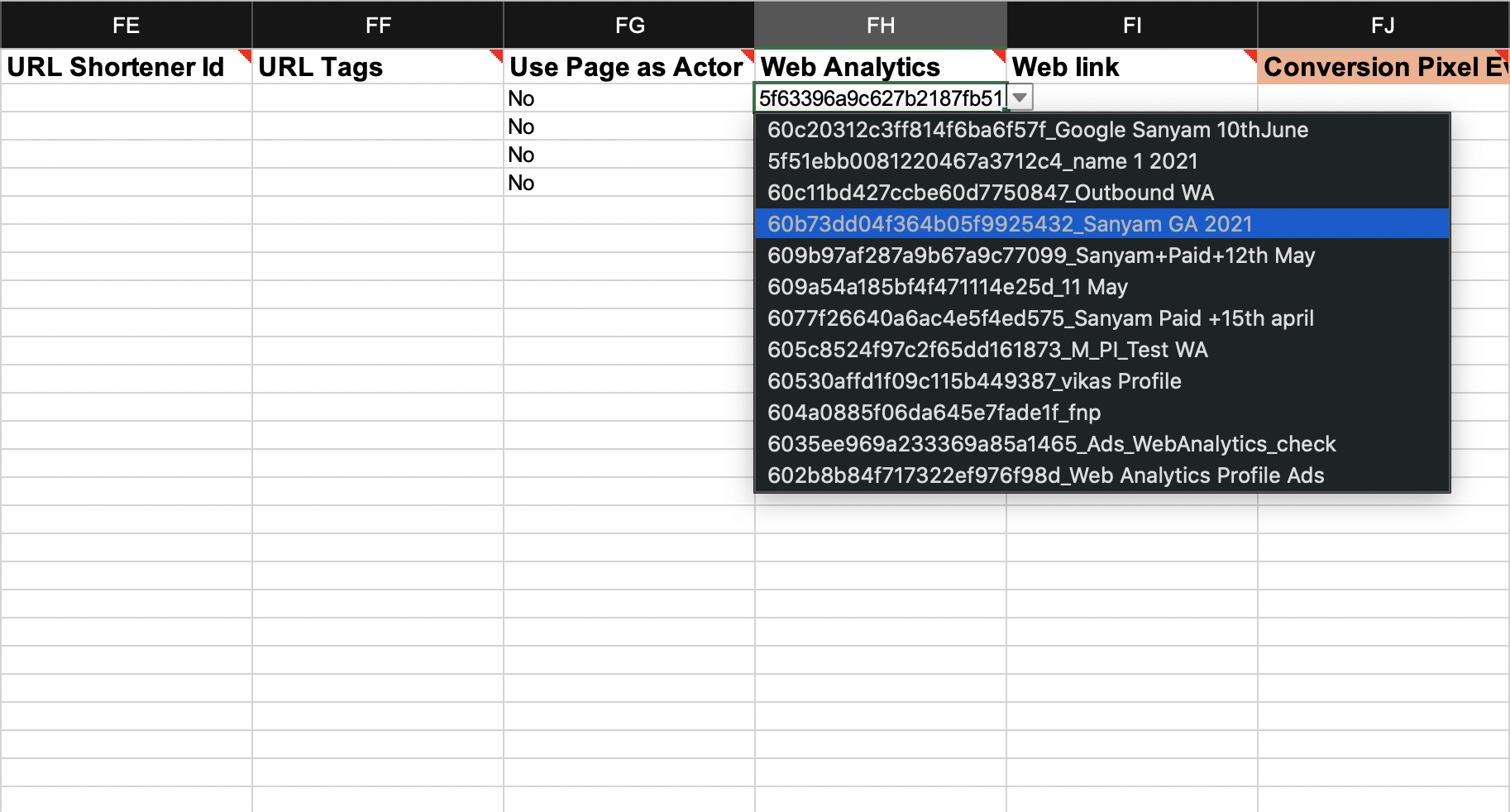 Web Analytics dropdown menu in bulk import file