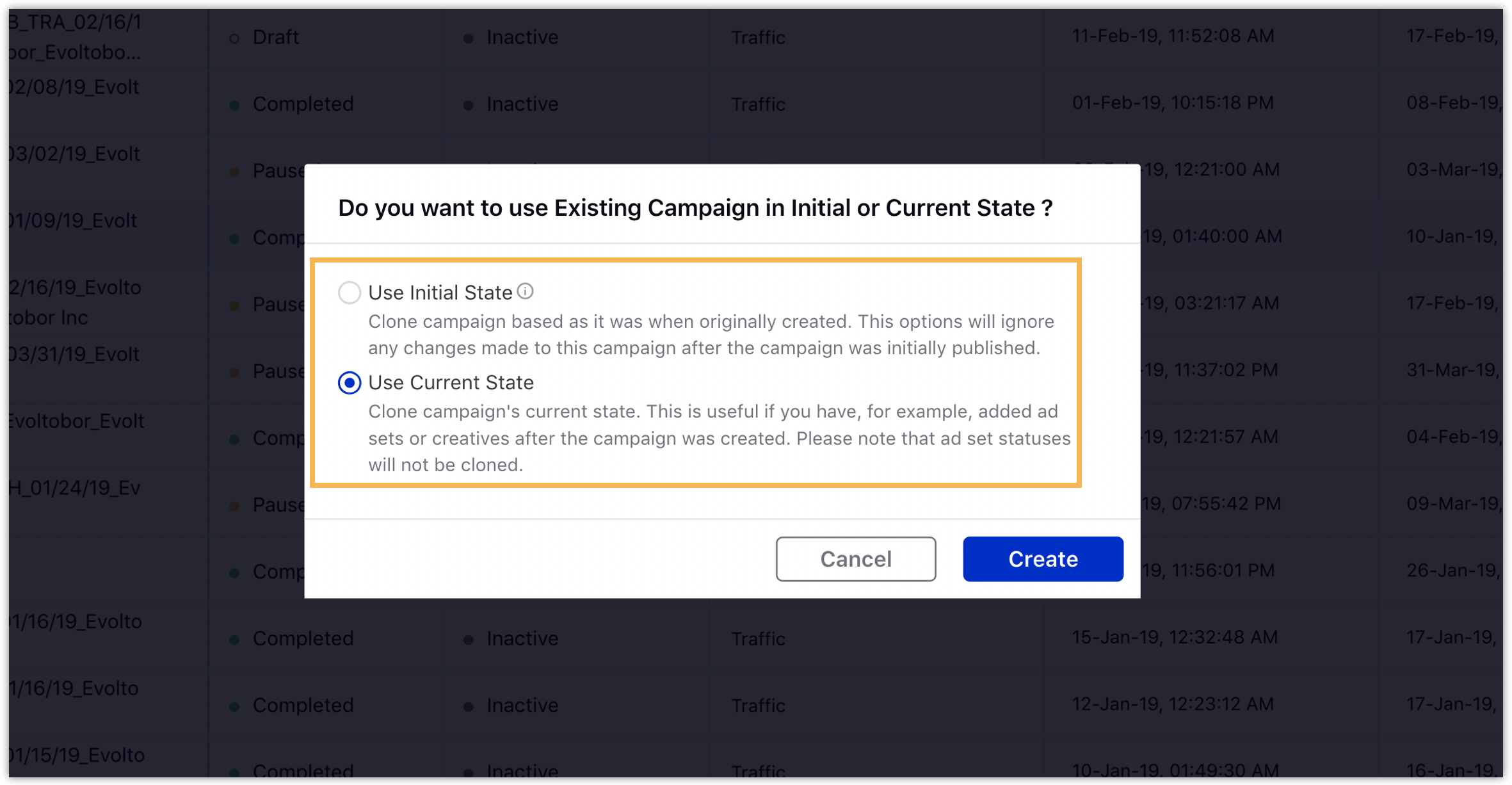 Selecting a campaign state to use as a template in Ads Manager