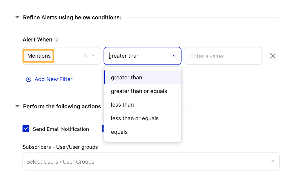 Alert Manager – Added New Condition "Mentions" in Refine Alerts for Listening Module