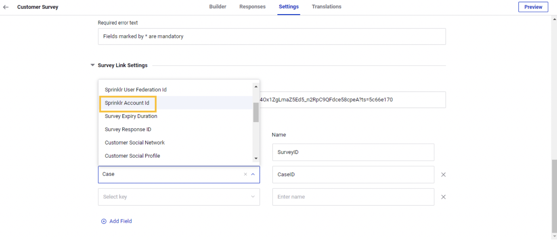 Sprinklr Account Id Available as a URL Param in Survey Builder